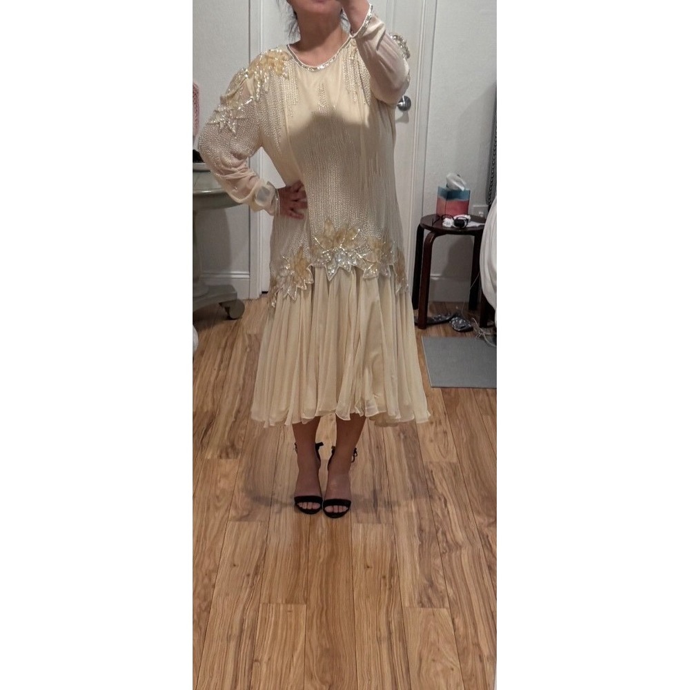 Vintage Hand Beaded Sequin Formal L Evening Gown Embellished Acetate Lined Dress - Picture 13 of 13
